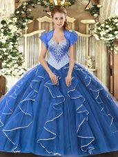 Tulle Sweetheart Cap Sleeves Lace Up Beading Quince Ball Gowns in Blue