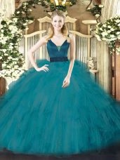 Unique Teal Straps Neckline Beading and Ruffles Quince Ball Gowns Sleeveless Zipper