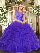 Scoop Sleeveless Sweet 16 Quinceanera Dress Floor Length Beading and Ruffles Blue Tulle