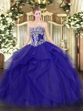 Strapless Sleeveless 15 Quinceanera Dress Floor Length Beading and Ruffles Blue Tulle