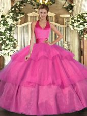 Charming Fuchsia Lace Up Sweet 16 Dress Ruffled Layers Sleeveless Floor Length