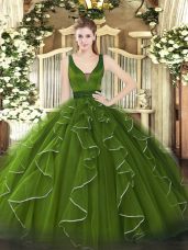 Cheap Ball Gowns Vestidos de Quinceanera Olive Green Straps Tulle Sleeveless Floor Length Lace Up