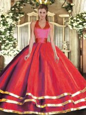 Perfect Floor Length Red 15th Birthday Dress Halter Top Sleeveless Lace Up