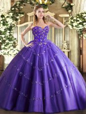 Purple Lace Up Sweet 16 Quinceanera Dress Appliques and Embroidery Sleeveless Floor Length