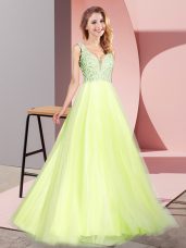 Beautiful V-neck Sleeveless Zipper Prom Dresses Light Yellow Tulle