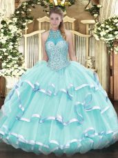 Customized Apple Green Ball Gowns Organza Halter Top Sleeveless Beading and Ruffled Layers Floor Length Lace Up Sweet 16 Dresses