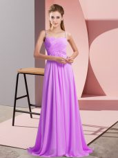 Lilac Chiffon Backless Spaghetti Straps Sleeveless Dress for Prom Sweep Train Ruching