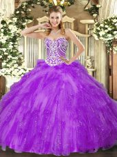 Floor Length Lavender Quinceanera Dresses Tulle Sleeveless Beading and Ruffles