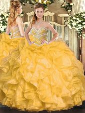 Flare Sleeveless Beading and Ruffles Lace Up Quince Ball Gowns