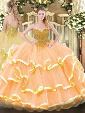 Exquisite Peach Sleeveless Floor Length Beading and Ruffled Layers Lace Up Quinceanera Dress
