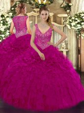 Fuchsia Organza Zipper V-neck Sleeveless Floor Length Sweet 16 Dresses Beading and Ruffles