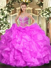 Fuchsia Sweetheart Lace Up Beading and Ruffles Ball Gown Prom Dress Sleeveless