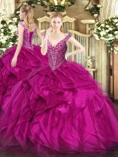 Organza V-neck Sleeveless Lace Up Beading and Ruffles Quinceanera Dress in Fuchsia