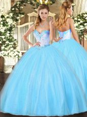 Super Aqua Blue Lace Up Sweetheart Beading Quinceanera Dress Tulle Sleeveless