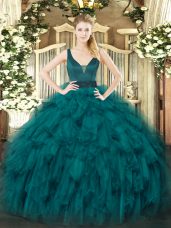 Graceful Teal Ball Gowns Organza Straps Sleeveless Beading and Ruffles Floor Length Zipper Quinceanera Gown