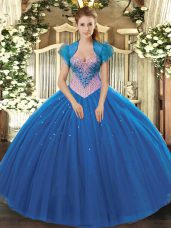 Trendy Floor Length Lace Up 15th Birthday Dress Blue for Military Ball and Sweet 16 with Beading