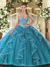 Suitable Sleeveless Tulle Floor Length Lace Up Ball Gown Prom Dress in Teal with Beading