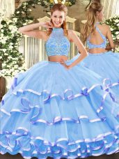 Tulle Sleeveless Floor Length 15 Quinceanera Dress and Beading and Ruffled Layers
