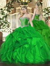 Green Organza Lace Up Sweetheart Sleeveless Floor Length Quince Ball Gowns Beading and Ruffles