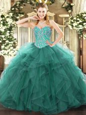Wonderful Turquoise Ball Gowns Beading and Ruffles Quinceanera Gowns Lace Up Tulle Sleeveless Floor Length