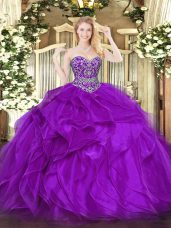 Amazing Sweetheart Sleeveless Lace Up 15th Birthday Dress Eggplant Purple Organza