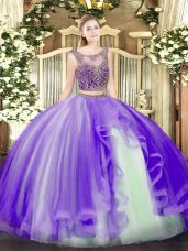 Affordable Lavender Sleeveless Tulle Lace Up Quinceanera Dresses for Military Ball and Sweet 16 and Quinceanera