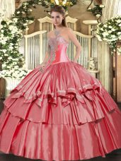 On Sale Coral Red Sleeveless Floor Length Beading and Ruffled Layers Lace Up Sweet 16 Dress