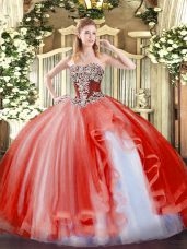 Floor Length Coral Red Quinceanera Dresses Strapless Sleeveless Lace Up