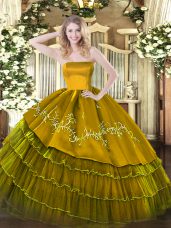 Brown Ball Gowns Strapless Sleeveless Organza and Taffeta Floor Length Zipper Embroidery and Ruffled Layers Quinceanera Gown
