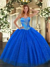 Floor Length Lace Up 15 Quinceanera Dress Royal Blue for Sweet 16 and Quinceanera with Beading