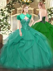 Smart Turquoise Ball Gowns Tulle Sweetheart Sleeveless Beading and Ruffles Floor Length Lace Up Sweet 16 Dresses