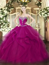 Customized Fuchsia Ball Gowns Sweetheart Sleeveless Tulle Floor Length Lace Up Beading and Ruffles Quinceanera Gown