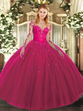 Luxury Hot Pink Ball Gowns Tulle Scoop Long Sleeves Lace Floor Length Lace Up 15 Quinceanera Dress