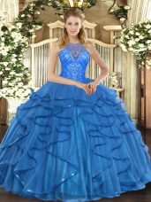 Noble Teal High-neck Lace Up Beading and Ruffles Sweet 16 Quinceanera Dress Sleeveless