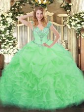 Luxury Floor Length Apple Green 15th Birthday Dress Organza Sleeveless Ruffles