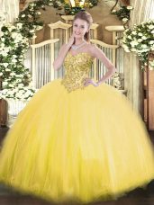 Eye-catching Appliques Quinceanera Gowns Gold Lace Up Sleeveless Floor Length