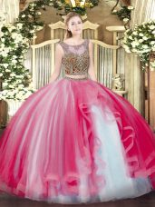 Scoop Sleeveless Tulle Quinceanera Gown Beading and Ruffles Lace Up