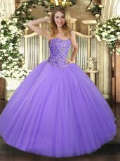 Perfect Sleeveless Tulle Floor Length Lace Up Quinceanera Gowns in Lavender with Beading