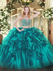 Charming Teal Quinceanera Dress Military Ball and Sweet 16 and Quinceanera with Beading and Ruffles Scoop Sleeveless Lace Up
