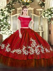 Colorful Wine Red Two Pieces Embroidery Sweet 16 Dresses Zipper Organza and Taffeta Short Sleeves Floor Length