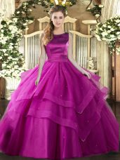 Spectacular Fuchsia Tulle Lace Up Sweet 16 Dresses Sleeveless Floor Length Ruffles and Ruffled Layers