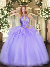 Modest Lavender Ball Gowns Organza Halter Top Sleeveless Beading Floor Length Lace Up Quinceanera Dress