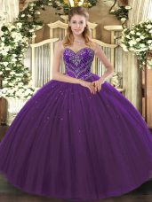 Top Selling Dark Purple Sleeveless Tulle Lace Up Vestidos de Quinceanera for Military Ball and Sweet 16 and Quinceanera