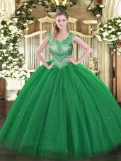Dark Green Scoop Lace Up Beading and Sequins Quinceanera Dress Sleeveless