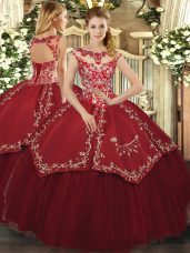 Discount Wine Red Scoop Lace Up Beading and Appliques and Embroidery Quinceanera Gowns Cap Sleeves
