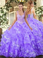 Charming Lavender Lace Up Straps Beading and Ruffled Layers 15 Quinceanera Dress Organza Sleeveless
