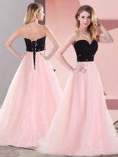 Best Pink And Black Empire Tulle Sweetheart Sleeveless Belt Floor Length Lace Up Prom Party Dress