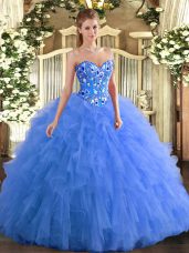 Cute Blue Quinceanera Gowns Military Ball and Sweet 16 and Quinceanera with Embroidery and Ruffles Sweetheart Sleeveless Lace Up