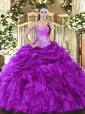 Inexpensive Beading and Ruffles and Pick Ups Sweet 16 Dress Eggplant Purple Lace Up Sleeveless Floor Length