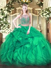 Custom Fit Turquoise Sleeveless Organza Lace Up 15th Birthday Dress for Military Ball and Sweet 16 and Quinceanera